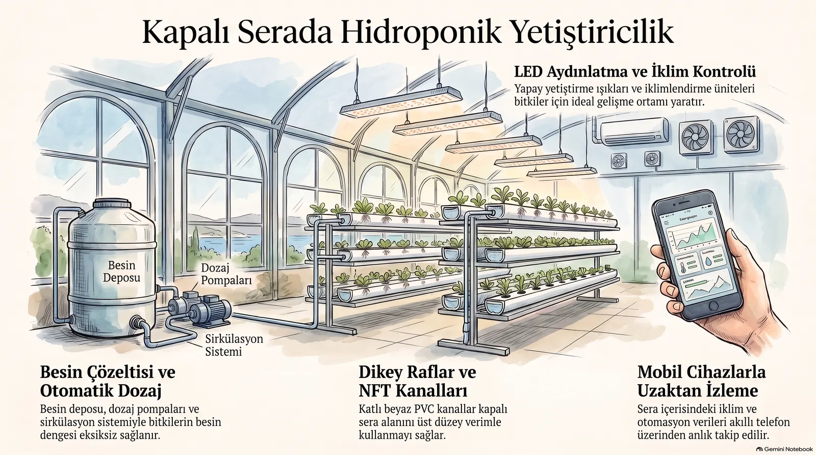 Kapalı serada hidroponik yetiştiricilik infografiği: besin deposu, dozaj ve sirkülasyon pompaları, beyaz PVC NFT kanallı dikey raflar, LED aydınlatma ve iklim kontrolü, telefondan uzaktan izleme.