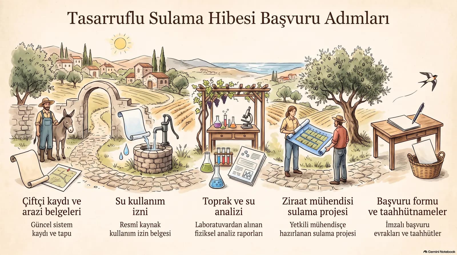 Tasarruflu sulama hibesi başvuru adımları infografiği: çiftçi kaydı ve arazi belgeleri, su kullanım izni, toprak ve su analizi, ziraat mühendisi sulama projesi, başvuru formu ve taahhütnameler.