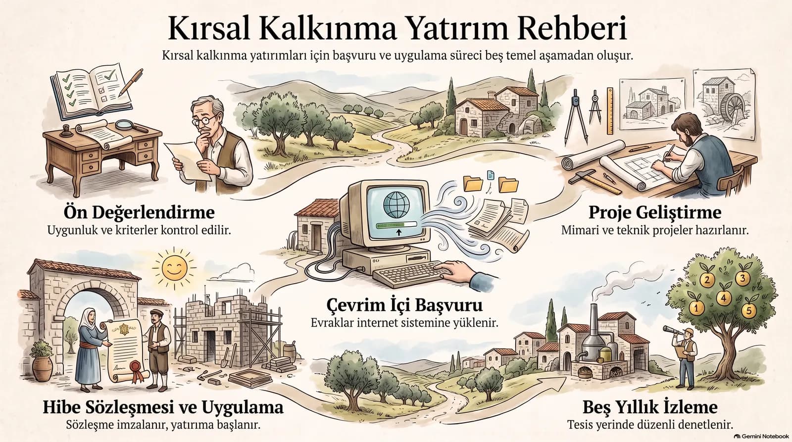 Kırsal Kalkınma Yatırım Programı başvuru süreci infografiği: ön değerlendirme, proje geliştirme, çevrim içi başvuru, hibe sözleşmesi ve uygulama, beş yıllık izleme.