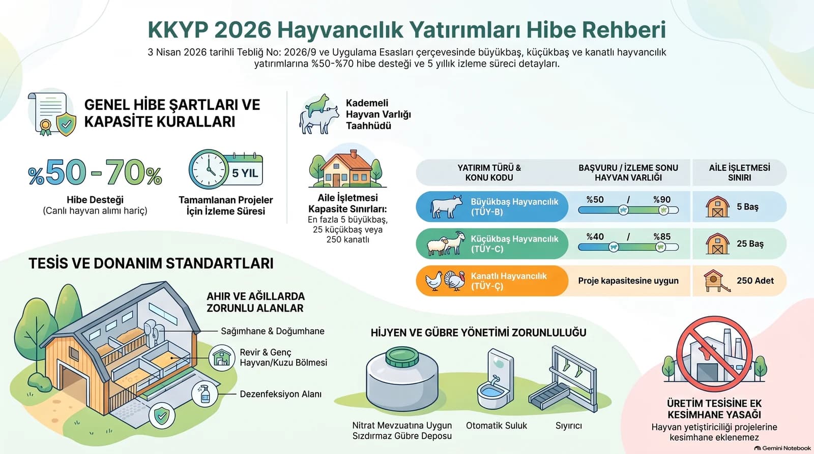 KKYP 2026 livestock investment infographic: 50–70% grants and 5-year monitoring; herd size and family farm limits for cattle, sheep-goat and poultry; mandatory barn and fold areas, manure management and the slaughterhouse ban.