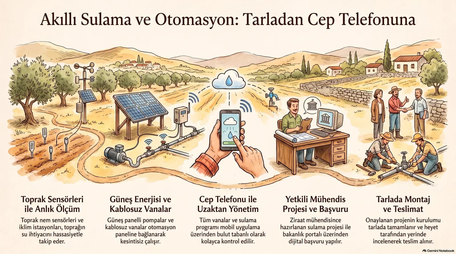 Akıllı sulama ve otomasyon infografiği: toprak sensörleri, güneş enerjili pompa ve kablosuz vanalar, cep telefonuyla uzaktan yönetim, mühendis projesi ve başvuru, tarlada montaj ve teslim.