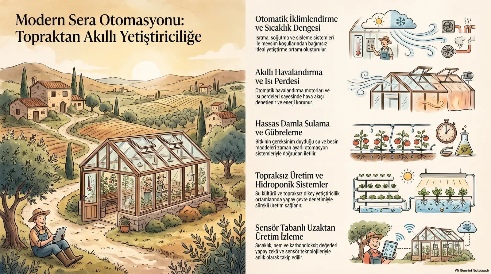 Modern sera otomasyonu infografiği: iklimlendirme, havalandırma ve ısı perdesi, damla sulama ve gübreleme, topraksız ve hidroponik üretim, sensörlerle uzaktan izleme.
