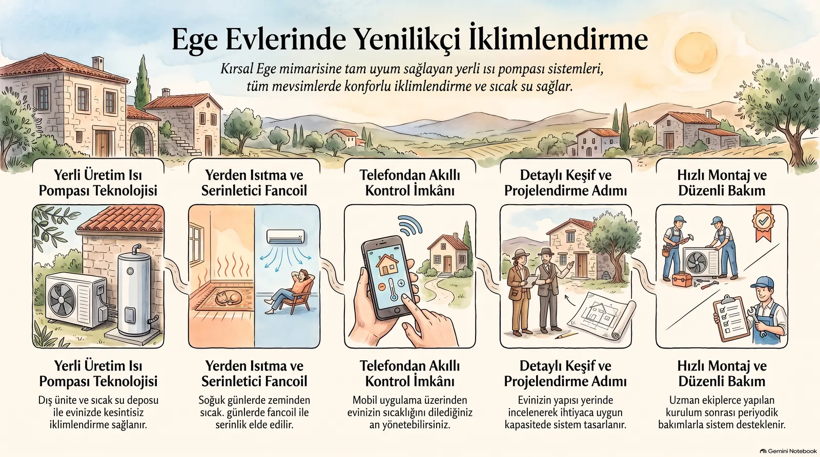 Ege evlerinde ısı pompası infografiği: yerli üretim dış ünite ve sıcak su deposu, yerden ısıtma ve fancoil, telefondan kontrol, keşif ve projelendirme, montaj ve düzenli bakım.