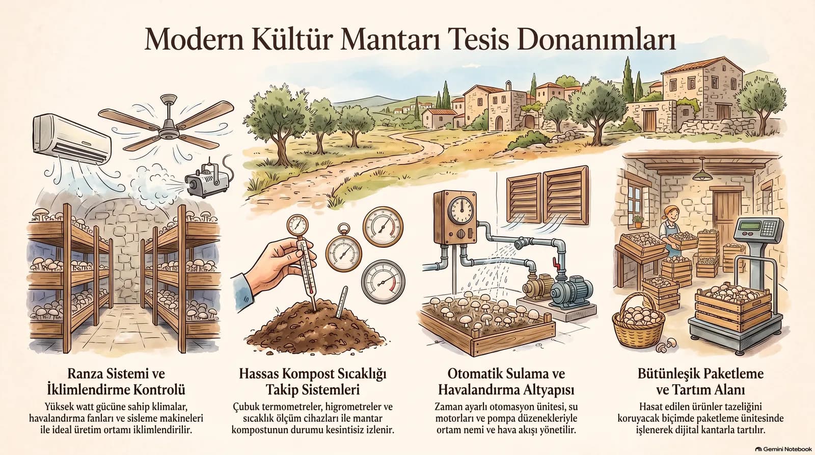 Kültür mantarı tesisi infografiği: ranza sistemi ve iklimlendirme, kompost sıcaklığı takibi, otomatik sulama ve havalandırma, paketleme ve tartım alanı.