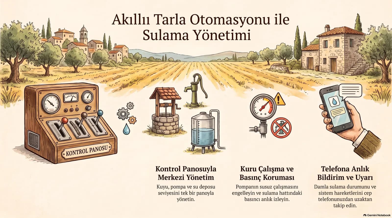 Akıllı tarla otomasyonu infografiği: kuyu, pompa ve depo seviyesini tek panodan yönetme, kuru çalışma ve basınç koruması, telefona anlık bildirim.